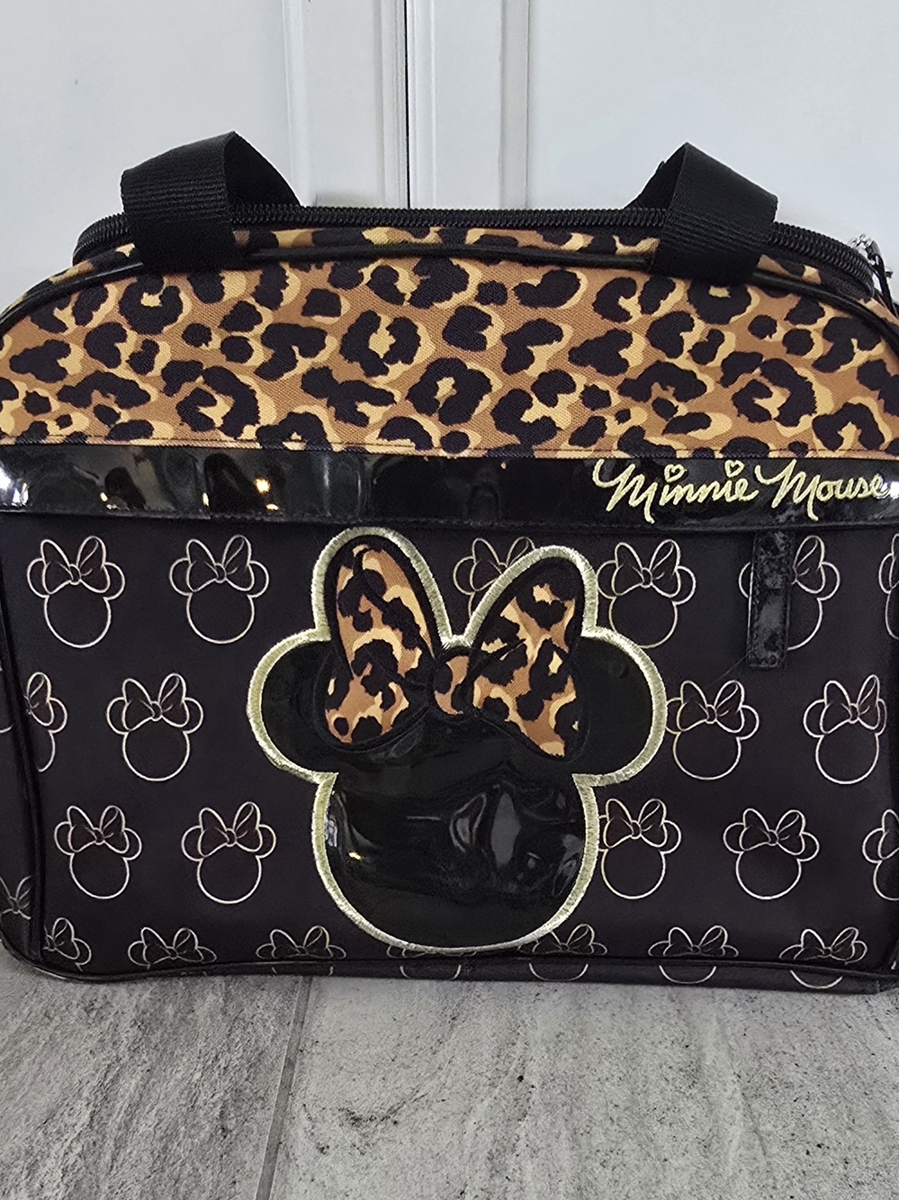 Disney Loungefly Minnie Mouse Weekender Carry On Duffel Bag Black Gold Cheetah
